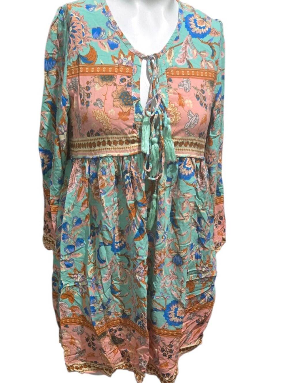 R. Vivimos Boho Floral Tunic Dress XS 0/2 Turquoise Pink Long Sleeve